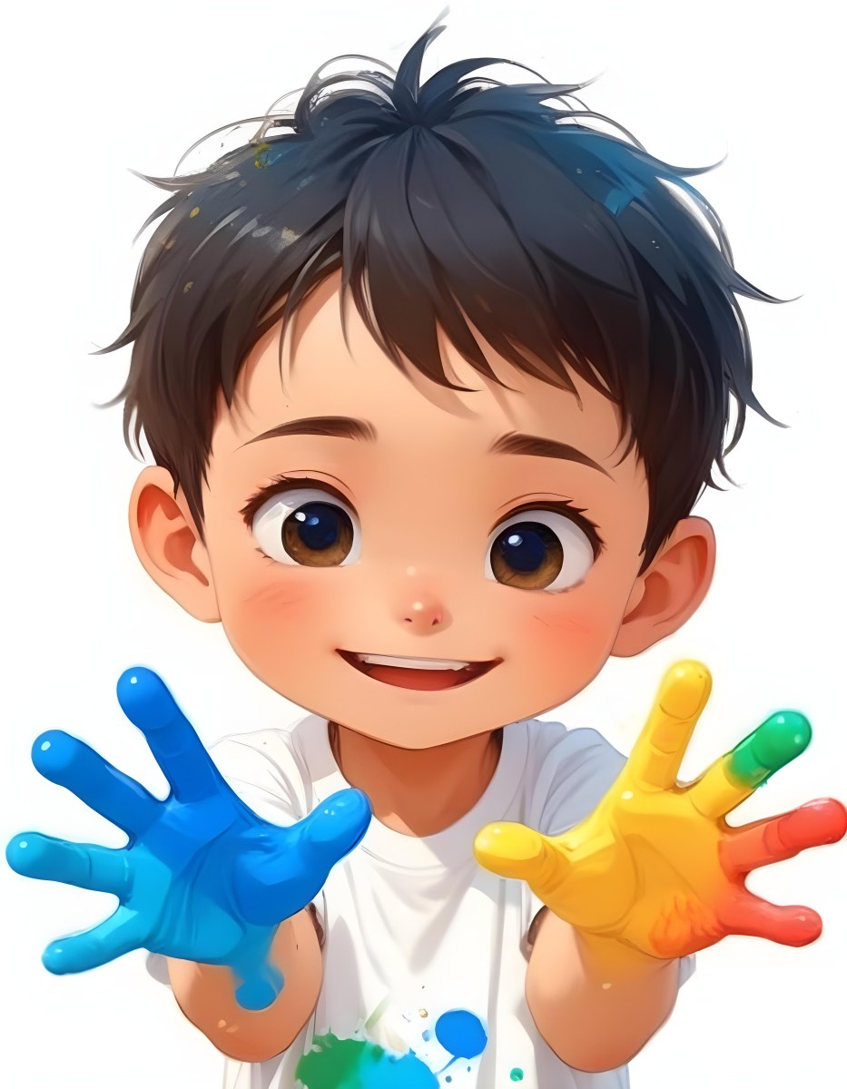 Colorful Flat Illustration Classical Animes A Young Boy With Short Dark Brown Hair And A Joyful Expression Holding Up His Hands Covered In Blue And Yellow Paint He Is Wearing A White T Shirt And Has Large Expressive E 16 1cac