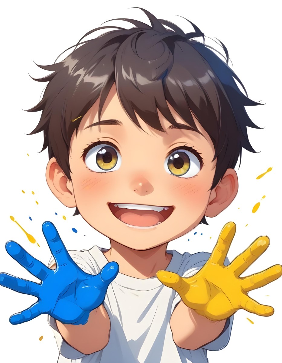 Colorful Flat Illustration Classical Animes A Young Boy With Short Dark Brown Hair And A Joyful Expression Holding Up His Hands Covered In Blue And Yellow Paint He Is Wearing A White T Shirt And Has Large Expressive E 17 1f22