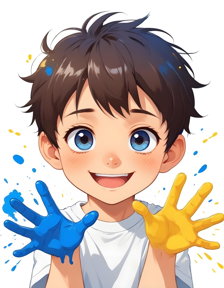 Colorful Flat Illustration Classical Animes A Young Boy With Short Dark Brown Hair And A Joyful Expression Holding Up His Hands Covered In Blue And Yellow Paint He Is Wearing A White T Shirt And Has Large Expressive E 19 B013