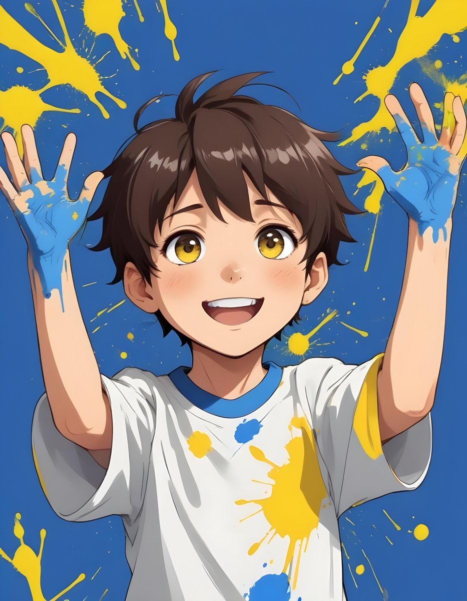 Colorful Flat Illustration Classical Animes A Young Boy With Short Dark Brown Hair And A Joyful Expression Holding Up His Hands Covered In Blue And Yellow Paint He Is Wearing A White T Shirt And Has Large Expressive E 20 2fb0