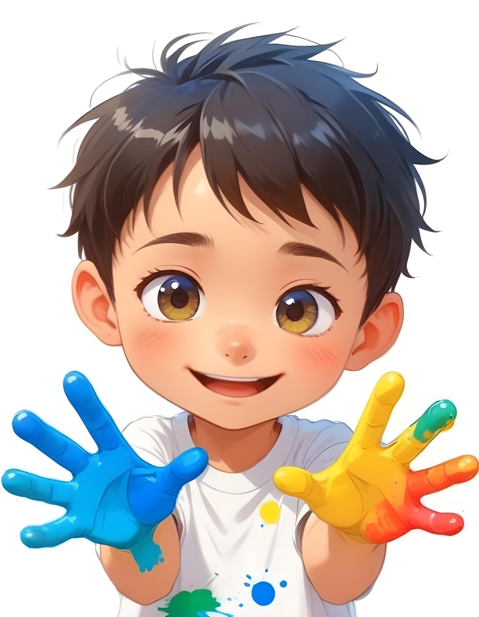 Colorful Flat Illustration Classical Animes A Young Boy With Short Dark Brown Hair And A Joyful Expression Holding Up His Hands Covered In Blue And Yellow Paint He Is Wearing A White T Shirt And Has Large Expressive E 3 Cbbc