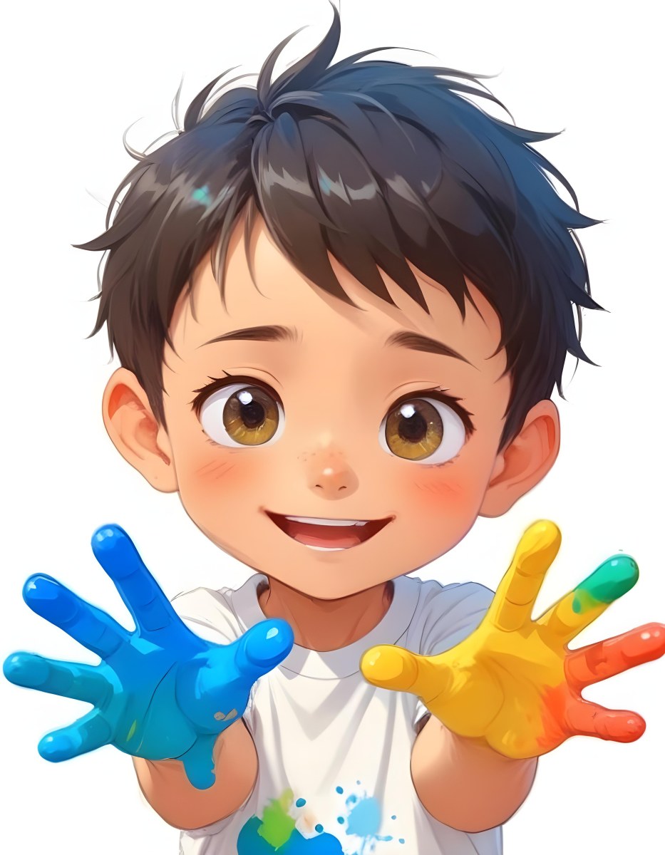 Colorful Flat Illustration Classical Animes A Young Boy With Short Dark Brown Hair And A Joyful Expression Holding Up His Hands Covered In Blue And Yellow Paint He Is Wearing A White T Shirt And Has Large Expressive E 6 A99f