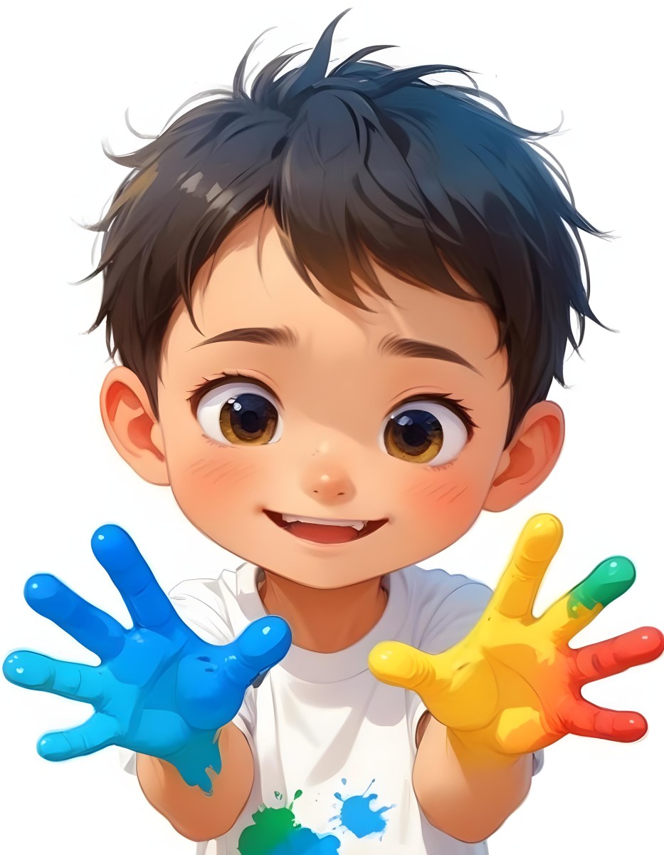 Colorful Flat Illustration Classical Animes A Young Boy With Short Dark Brown Hair And A Joyful Expression Holding Up His Hands Covered In Blue And Yellow Paint He Is Wearing A White T Shirt And Has Large Expressive E 7 3e2a