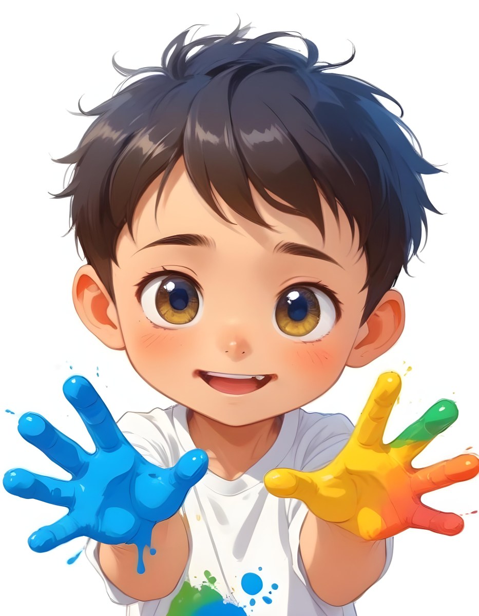 Colorful Flat Illustration Classical Animes A Young Boy With Short Dark Brown Hair And A Joyful Expression Holding Up His Hands Covered In Blue And Yellow Paint He Is Wearing A White T Shirt And Has Large Expressive E 9 Caf3