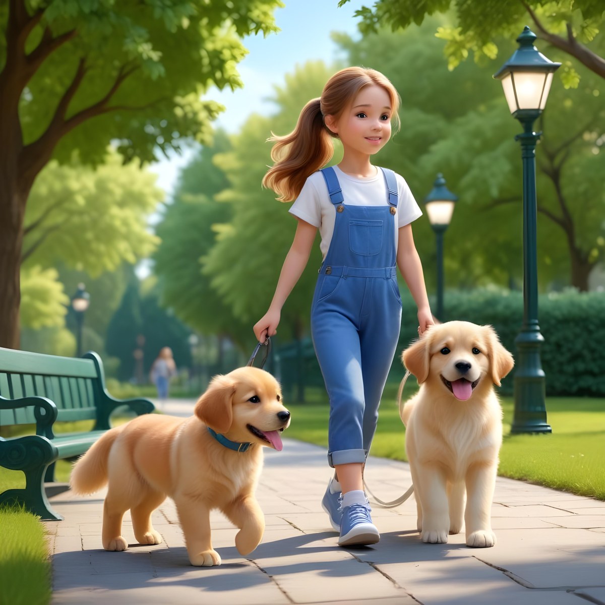 Colorful Flat Illustration Classical Animes A Young Girl Approximately 6 Years Old With Light Skin And Long Brown Hair In A Ponytail Wearing A White T Shirt And Blue Overalls She Is Walking A Golden Retriever Puppy O 13 30e9