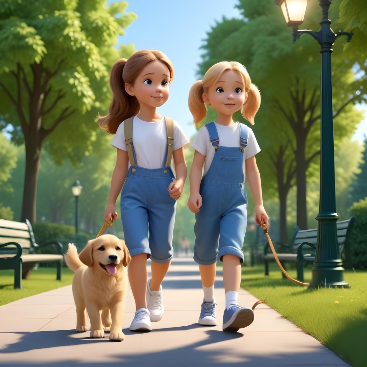 Colorful Flat Illustration Classical Animes A Young Girl Approximately 6 Years Old With Light Skin And Long Brown Hair In A Ponytail Wearing A White T Shirt And Blue Overalls She Is Walking A Golden Retriever Puppy O 14 C25a
