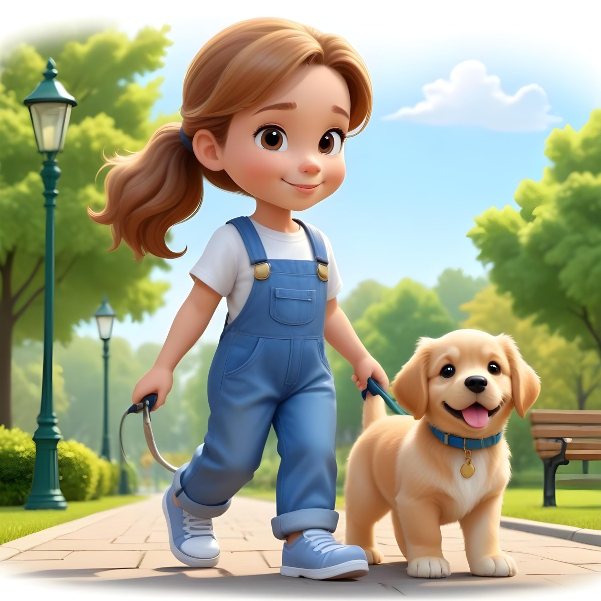 Colorful Flat Illustration Classical Animes A Young Girl Approximately 6 Years Old With Light Skin And Long Brown Hair In A Ponytail Wearing A White T Shirt And Blue Overalls She Is Walking A Golden Retriever Puppy O 15 0d40