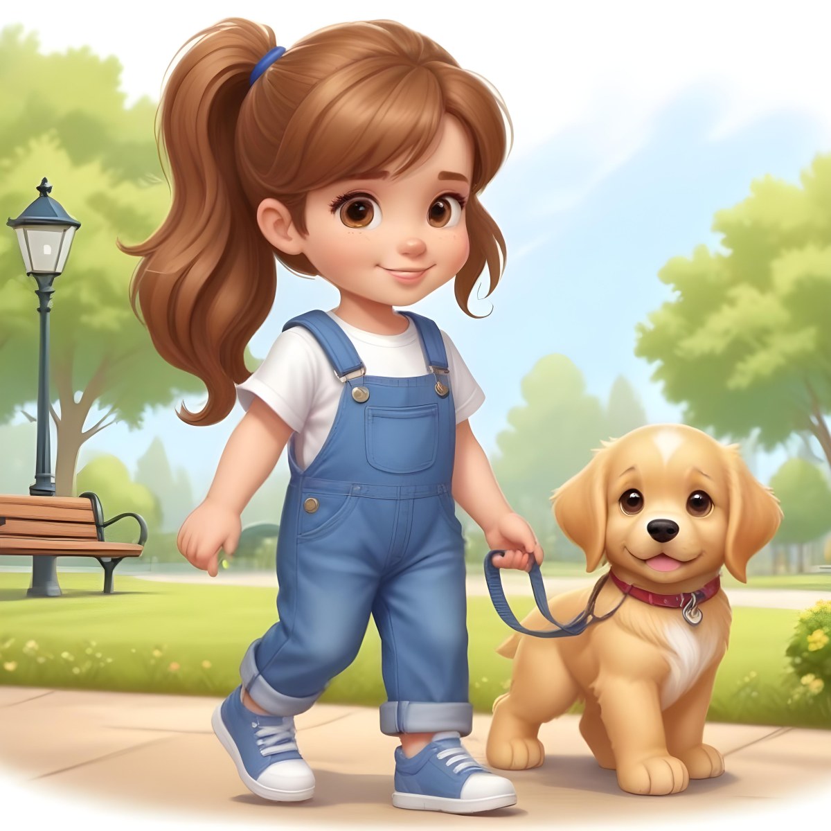 Colorful Flat Illustration Classical Animes A Young Girl Approximately 6 Years Old With Light Skin And Long Brown Hair In A Ponytail Wearing A White T Shirt And Blue Overalls She Is Walking A Golden Retriever Puppy O 16 C9ad