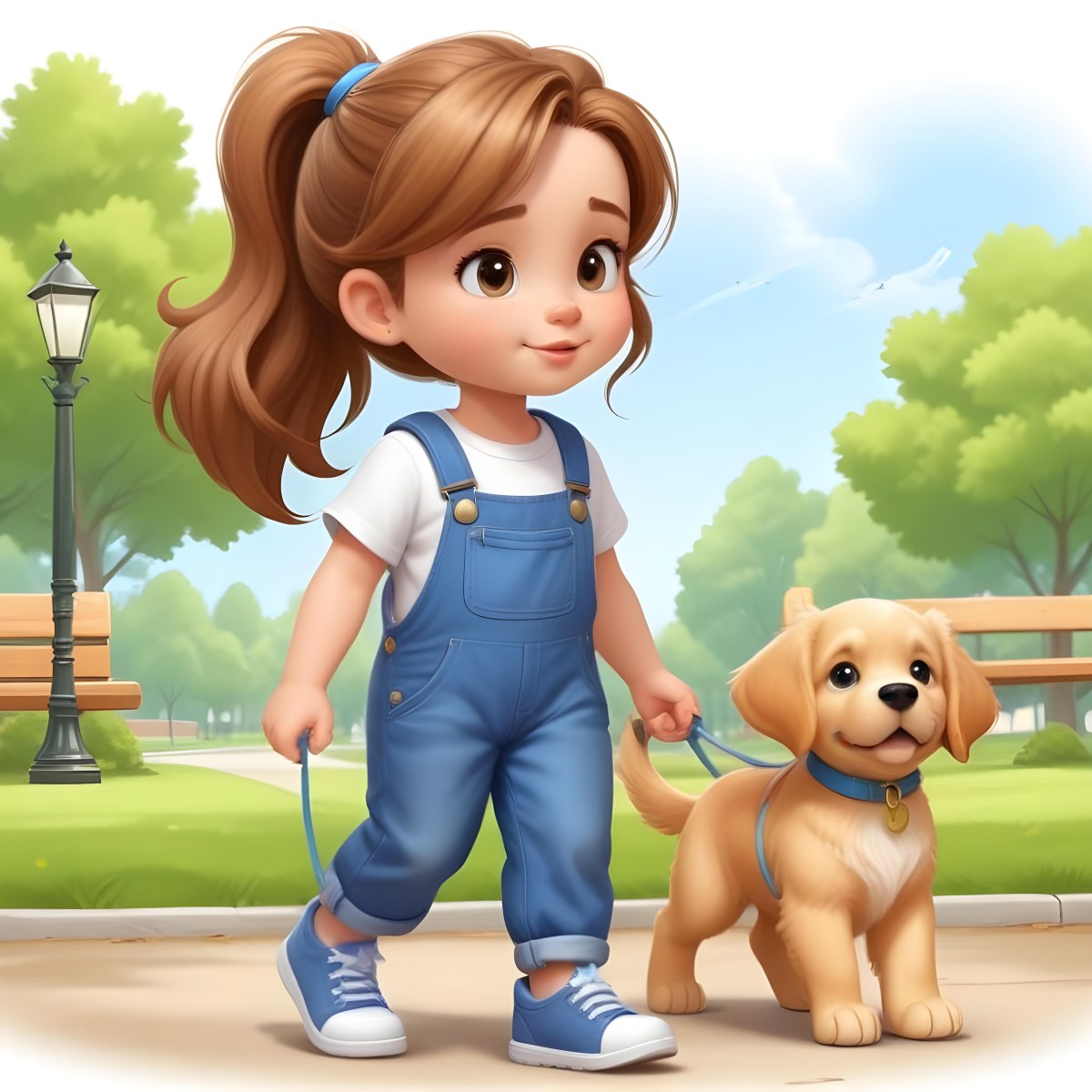 Colorful Flat Illustration Classical Animes A Young Girl Approximately 6 Years Old With Light Skin And Long Brown Hair In A Ponytail Wearing A White T Shirt And Blue Overalls She Is Walking A Golden Retriever Puppy O 3 5310