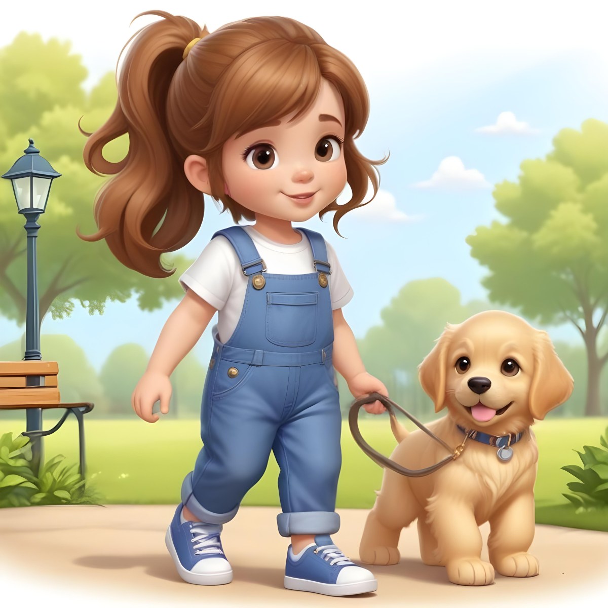 Colorful Flat Illustration Classical Animes A Young Girl Approximately 6 Years Old With Light Skin And Long Brown Hair In A Ponytail Wearing A White T Shirt And Blue Overalls She Is Walking A Golden Retriever Puppy O 4 449d