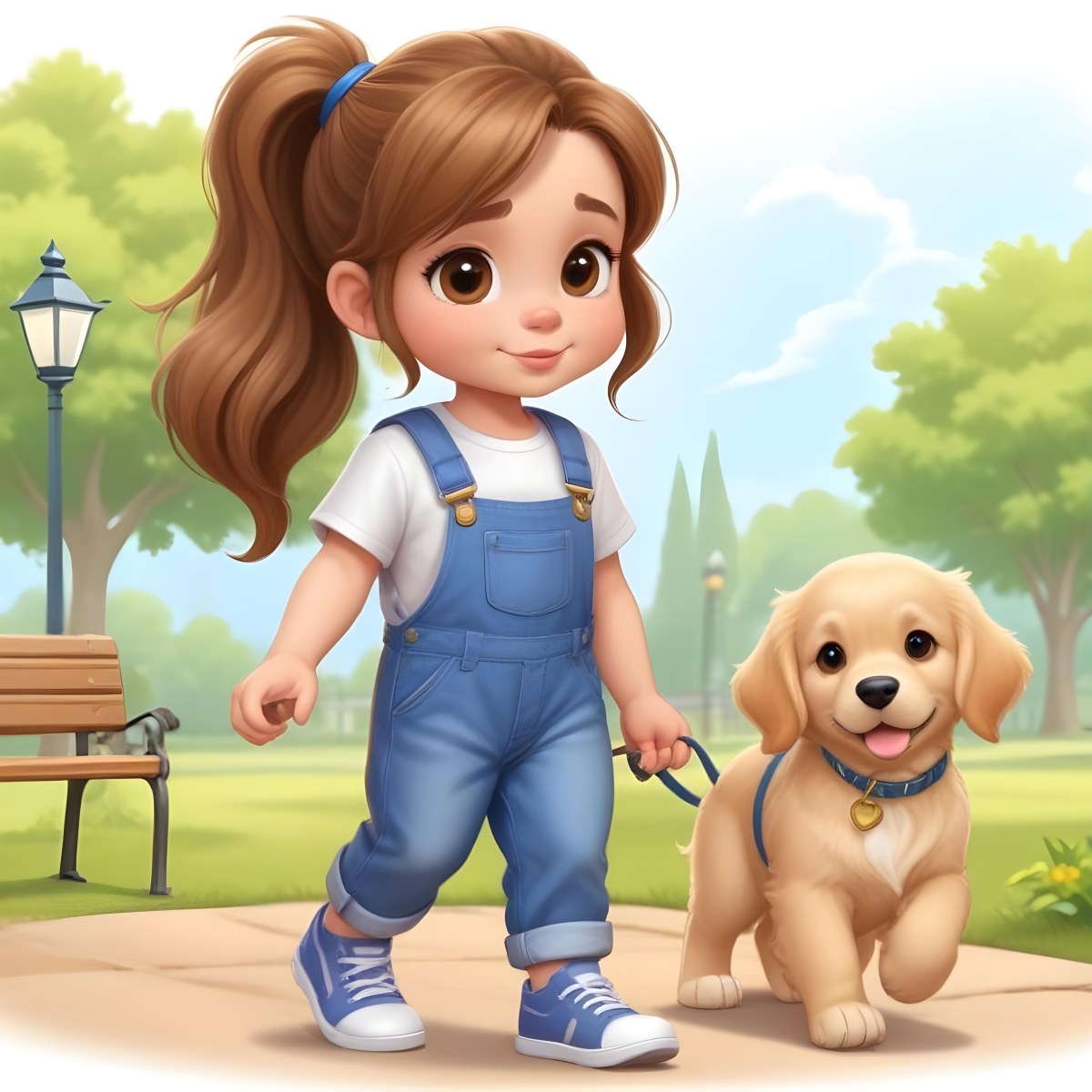 Colorful Flat Illustration Classical Animes A Young Girl Approximately 6 Years Old With Light Skin And Long Brown Hair In A Ponytail Wearing A White T Shirt And Blue Overalls She Is Walking A Golden Retriever Puppy O 5 1526