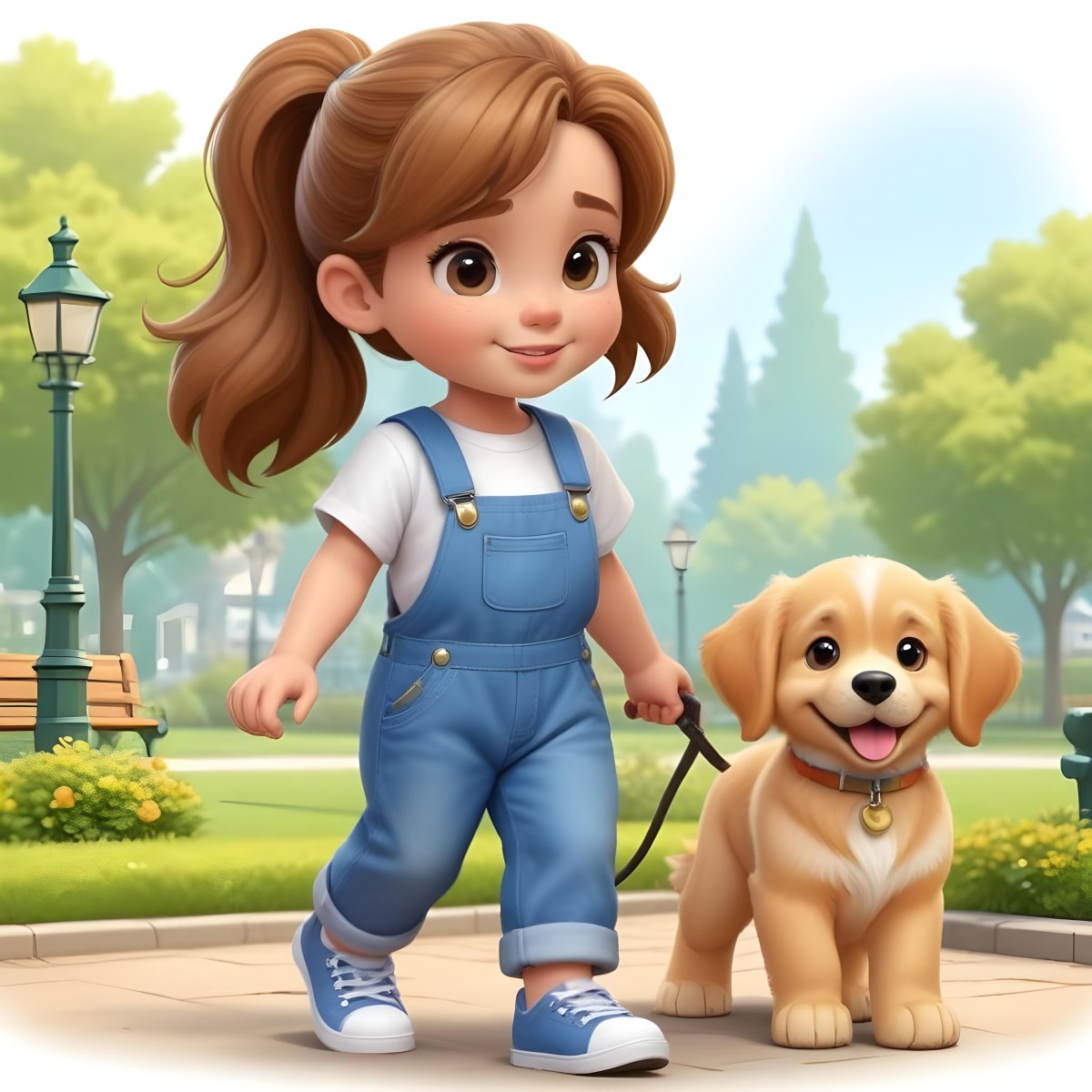Colorful Flat Illustration Classical Animes A Young Girl Approximately 6 Years Old With Light Skin And Long Brown Hair In A Ponytail Wearing A White T Shirt And Blue Overalls She Is Walking A Golden Retriever Puppy O 6 7fe4