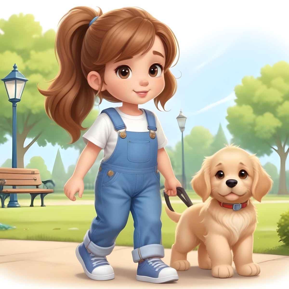 Colorful Flat Illustration Classical Animes A Young Girl Approximately 6 Years Old With Light Skin And Long Brown Hair In A Ponytail Wearing A White T Shirt And Blue Overalls She Is Walking A Golden Retriever Puppy O 7 D594