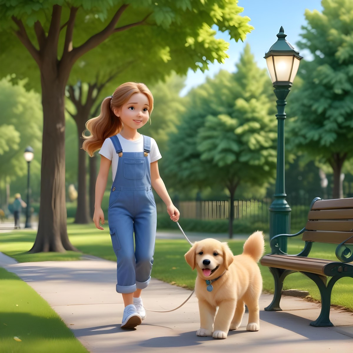 Colorful Flat Illustration Classical Animes A Young Girl Approximately 6 Years Old With Light Skin And Long Brown Hair In A Ponytail Wearing A White T Shirt And Blue Overalls She Is Walking A Golden Retriever Puppy O 8 E279