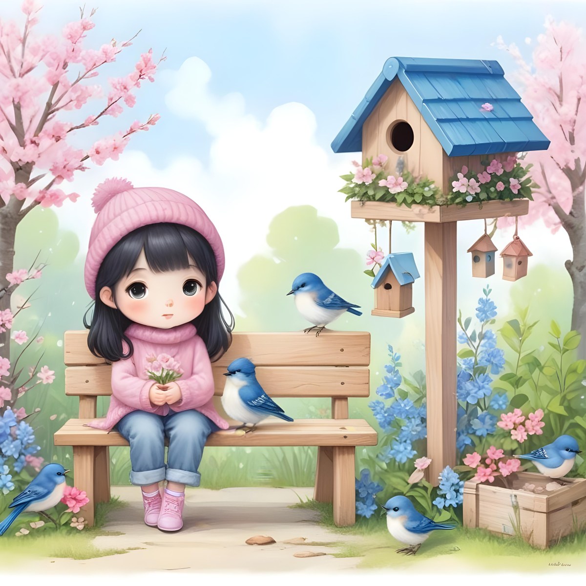 Colorful Flat Illustration Classical Animes A Young Girl With Pale Skin And Long Black Hair Around 8 Years Old Wearing A Pink Sweater And A Matching Pink Hat Sitting On A Wooden Bench Two Small Blue Birds Are Perc 11 D0d7
