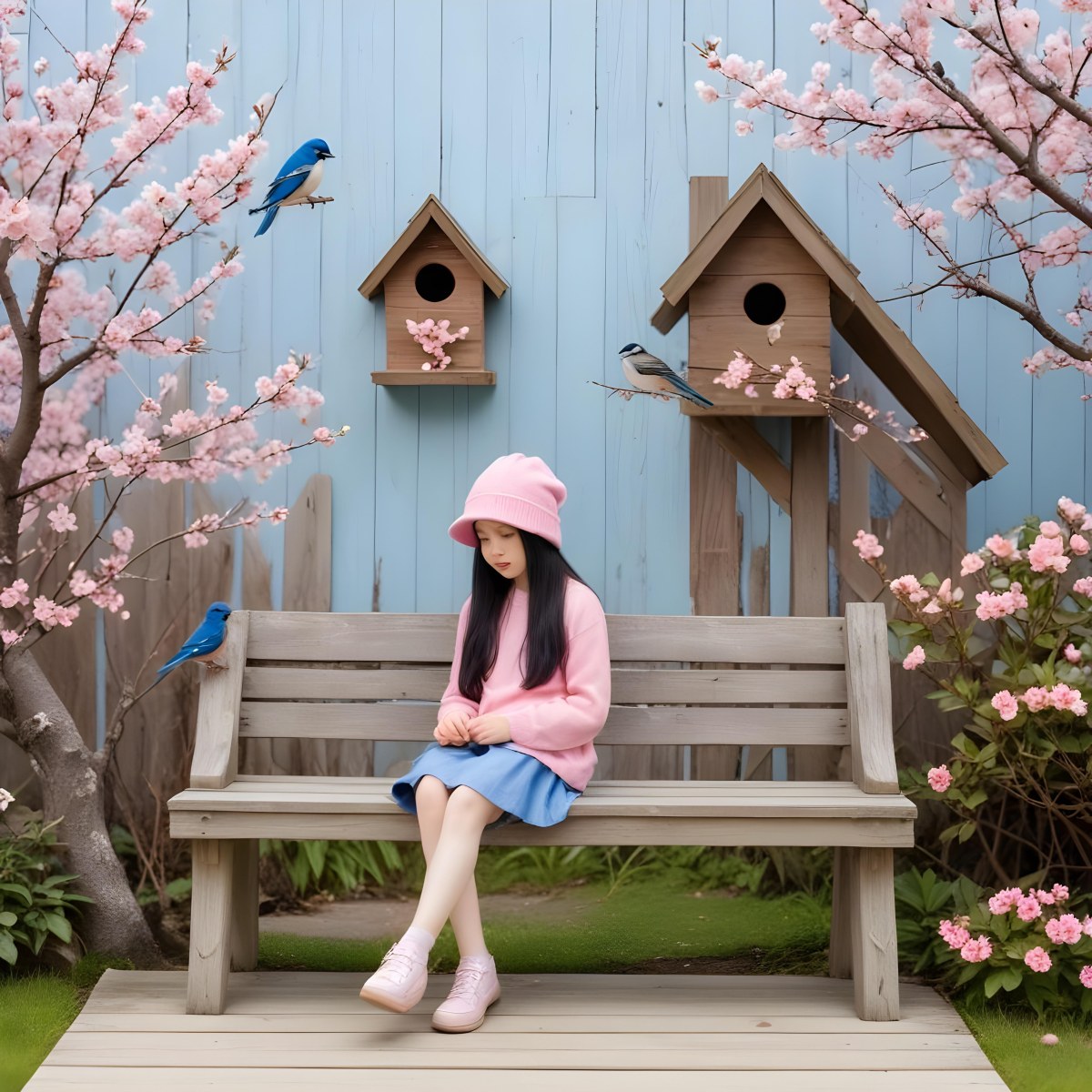 Colorful Flat Illustration Classical Animes A Young Girl With Pale Skin And Long Black Hair Around 8 Years Old Wearing A Pink Sweater And A Matching Pink Hat Sitting On A Wooden Bench Two Small Blue Birds Are Perc 17 6450