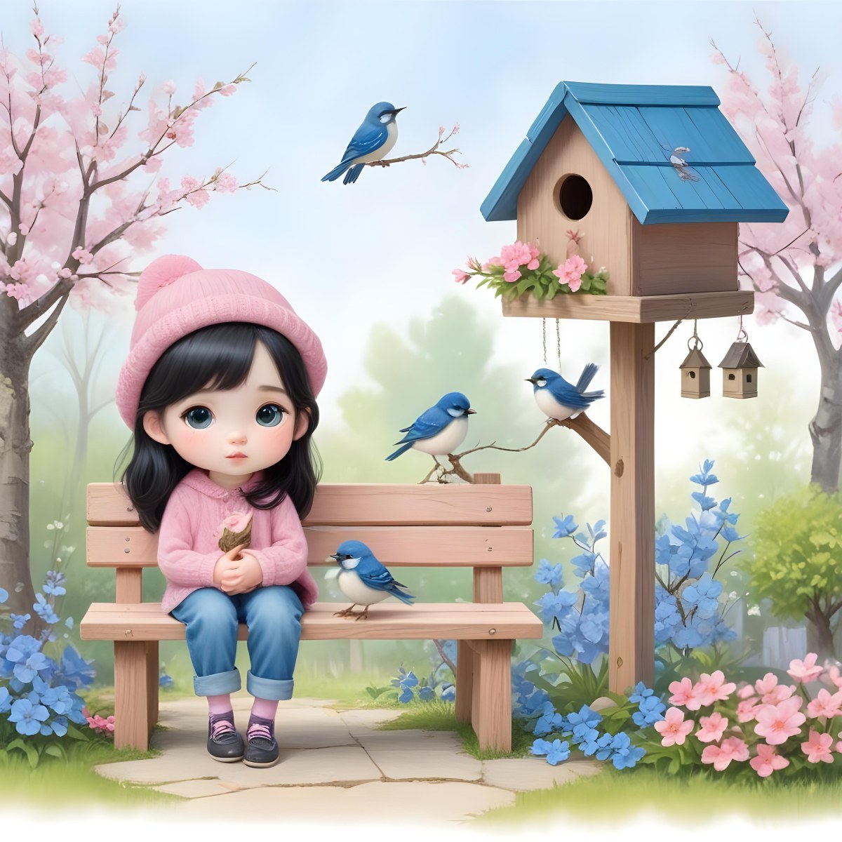 Colorful Flat Illustration Classical Animes A Young Girl With Pale Skin And Long Black Hair Around 8 Years Old Wearing A Pink Sweater And A Matching Pink Hat Sitting On A Wooden Bench Two Small Blue Birds Are Perc 18 2d2a