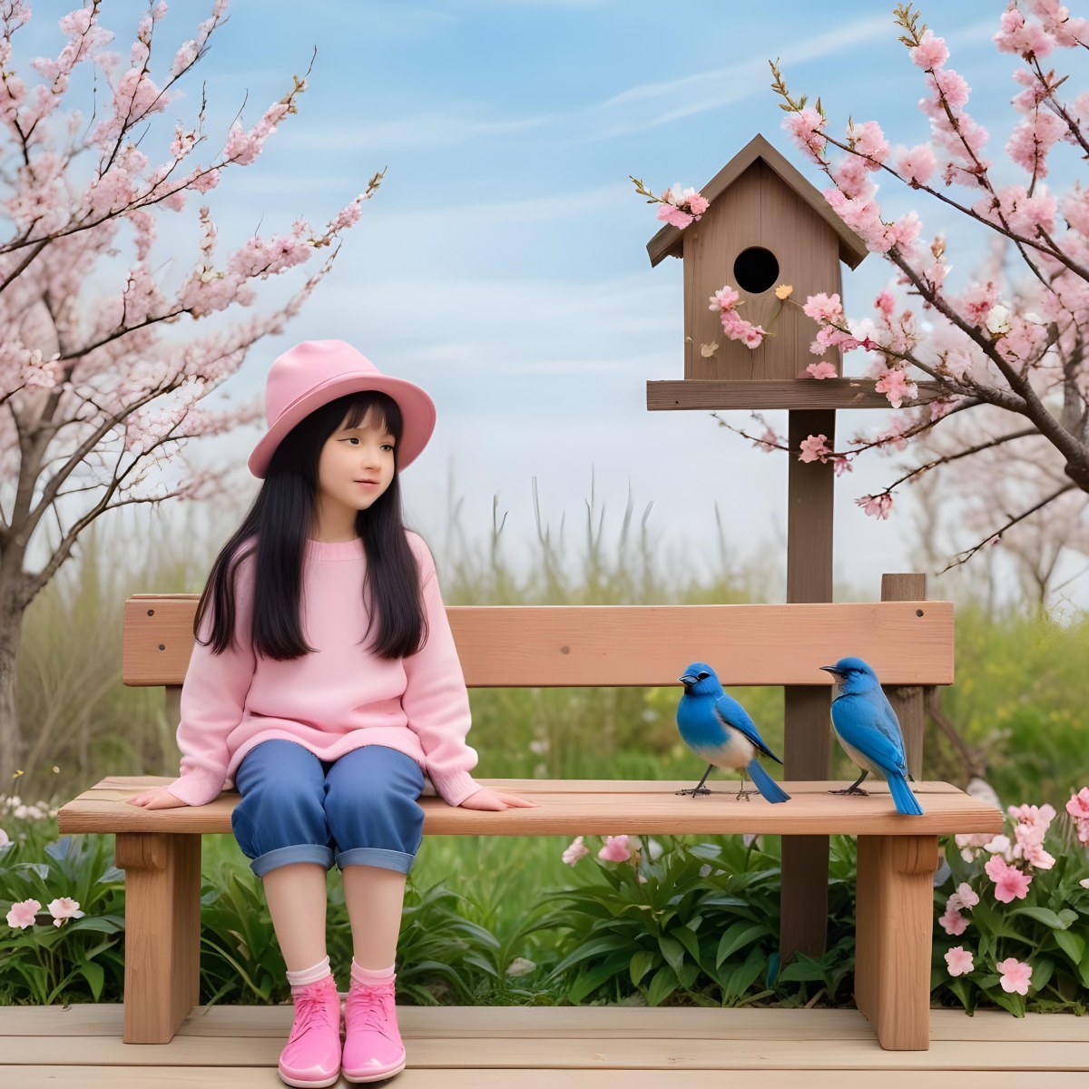 Colorful Flat Illustration Classical Animes A Young Girl With Pale Skin And Long Black Hair Around 8 Years Old Wearing A Pink Sweater And A Matching Pink Hat Sitting On A Wooden Bench Two Small Blue Birds Are Perc 20 5286