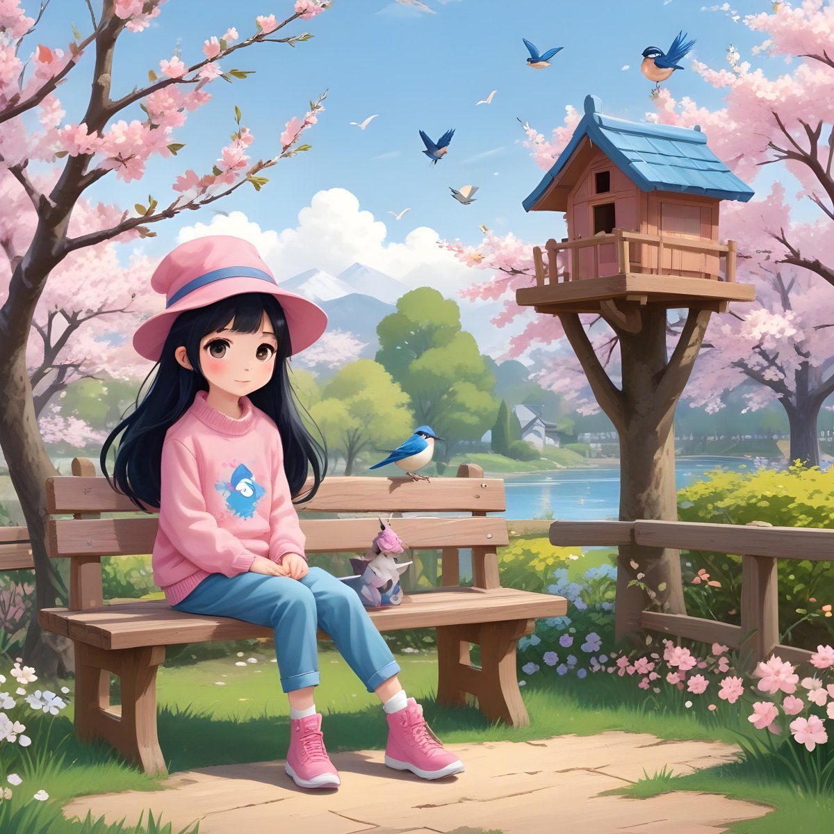 Colorful Flat Illustration Classical Animes A Young Girl With Pale Skin And Long Black Hair Around 8 Years Old Wearing A Pink Sweater And A Matching Pink Hat Sitting On A Wooden Bench Two Small Blue Birds Are Perc 21 F06d