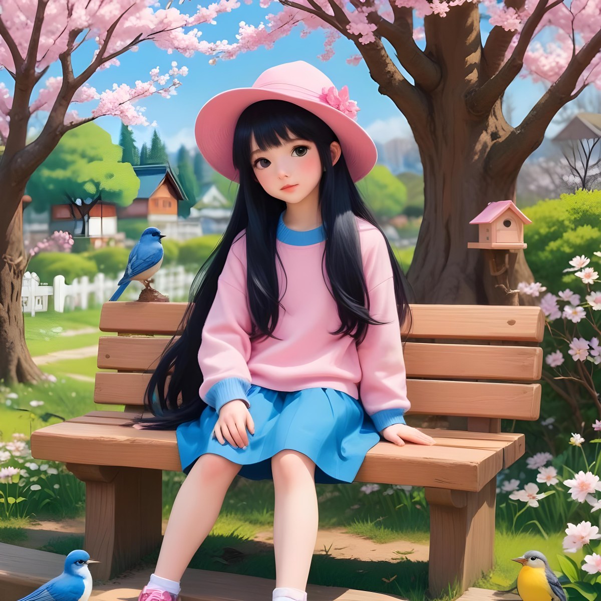 Colorful Flat Illustration Classical Animes A Young Girl With Pale Skin And Long Black Hair Around 8 Years Old Wearing A Pink Sweater And A Matching Pink Hat Sitting On A Wooden Bench Two Small Blue Birds Are Perc 23 05ef
