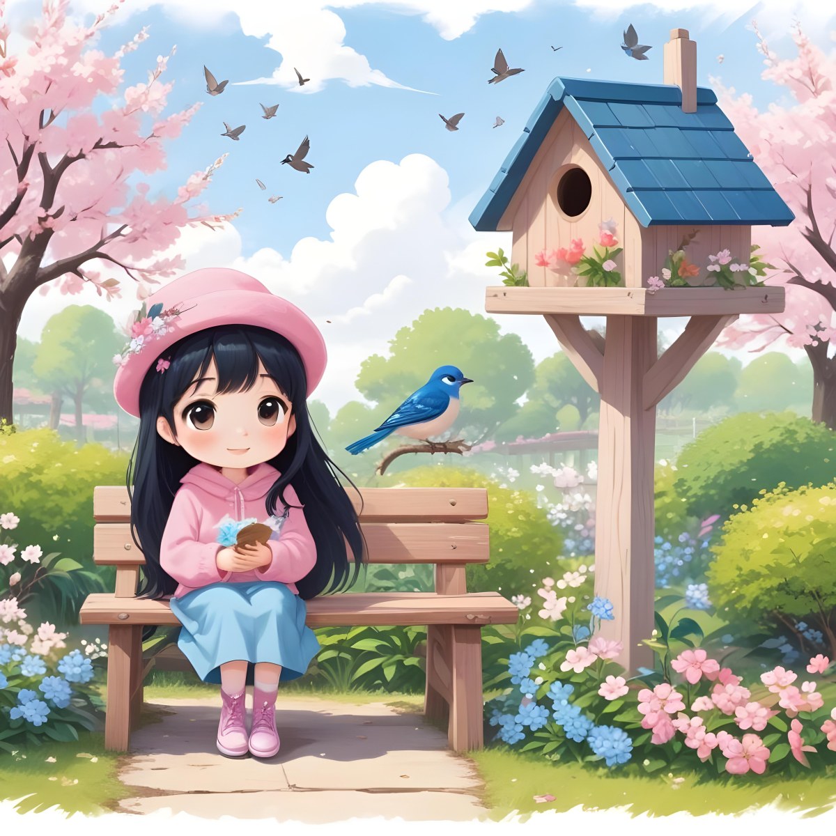 Colorful Flat Illustration Classical Animes A Young Girl With Pale Skin And Long Black Hair Around 8 Years Old Wearing A Pink Sweater And A Matching Pink Hat Sitting On A Wooden Bench Two Small Blue Birds Are Perc 30 148e