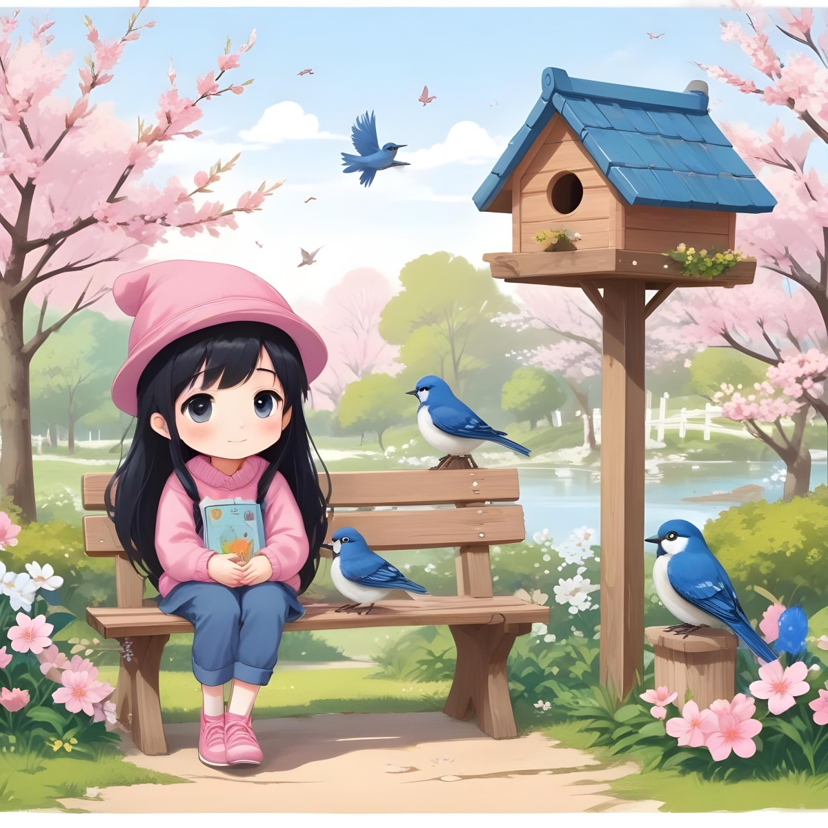 Colorful Flat Illustration Classical Animes A Young Girl With Pale Skin And Long Black Hair Around 8 Years Old Wearing A Pink Sweater And A Matching Pink Hat Sitting On A Wooden Bench Two Small Blue Birds Are Perc 31 F733