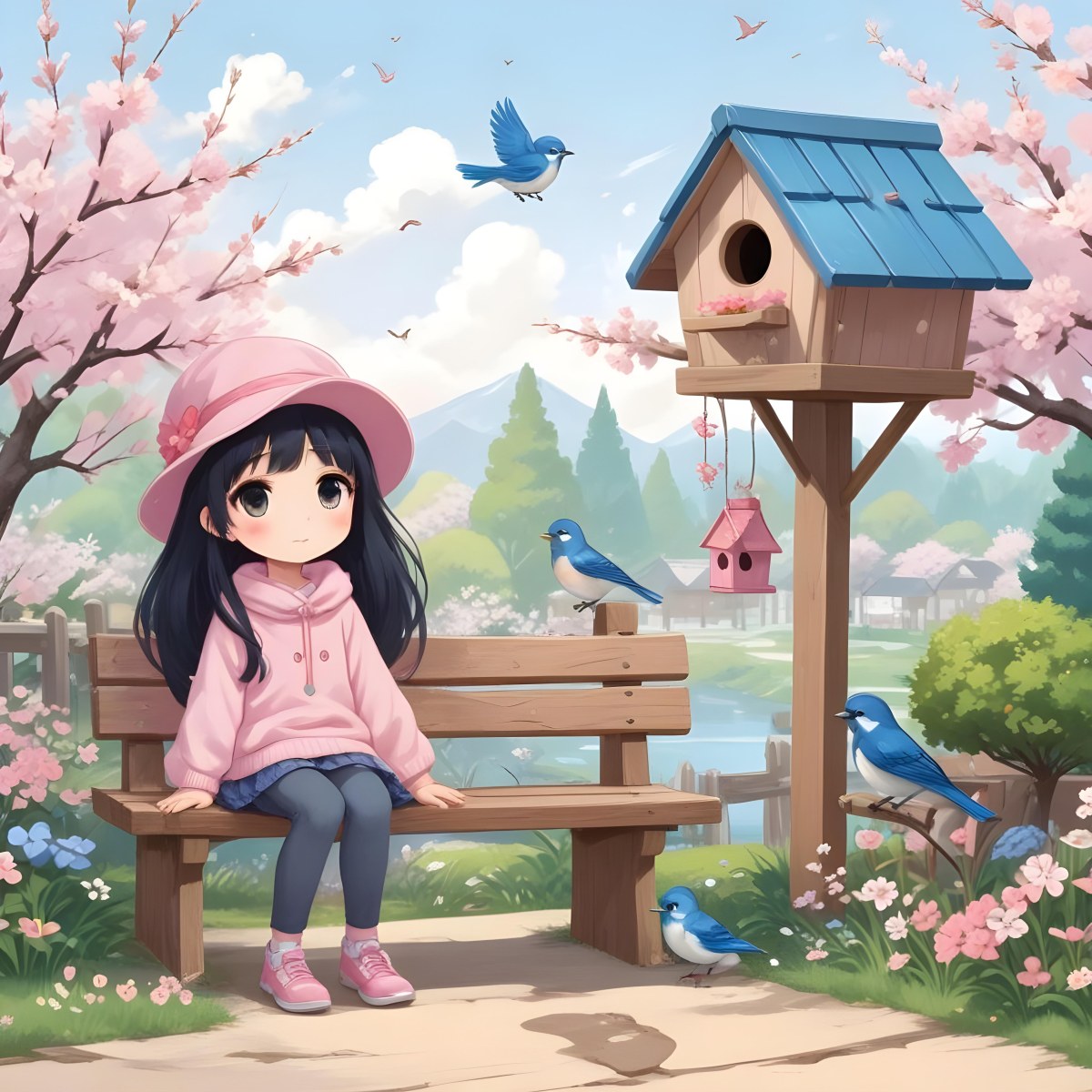 Colorful Flat Illustration Classical Animes A Young Girl With Pale Skin And Long Black Hair Around 8 Years Old Wearing A Pink Sweater And A Matching Pink Hat Sitting On A Wooden Bench Two Small Blue Birds Are Perc 33 87c9