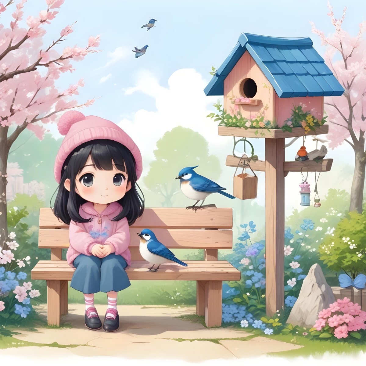 Colorful Flat Illustration Classical Animes A Young Girl With Pale Skin And Long Black Hair Around 8 Years Old Wearing A Pink Sweater And A Matching Pink Hat Sitting On A Wooden Bench Two Small Blue Birds Are Perc 34 17bf