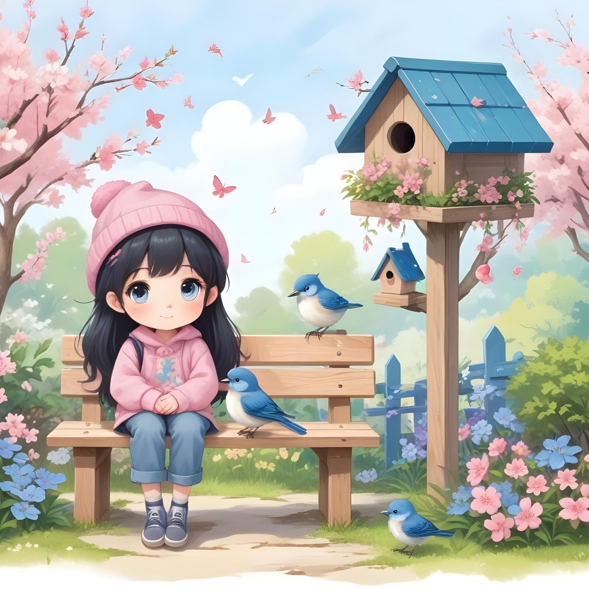 Colorful Flat Illustration Classical Animes A Young Girl With Pale Skin And Long Black Hair Around 8 Years Old Wearing A Pink Sweater And A Matching Pink Hat Sitting On A Wooden Bench Two Small Blue Birds Are Perc 35 4ba7