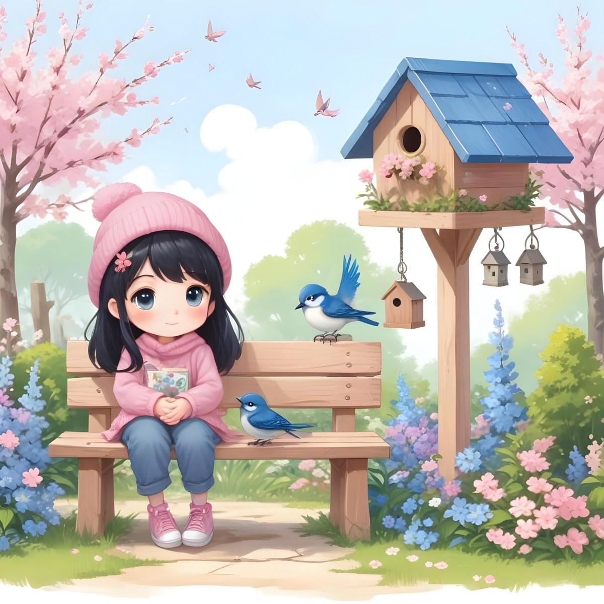Colorful Flat Illustration Classical Animes A Young Girl With Pale Skin And Long Black Hair Around 8 Years Old Wearing A Pink Sweater And A Matching Pink Hat Sitting On A Wooden Bench Two Small Blue Birds Are Perc 36 A410
