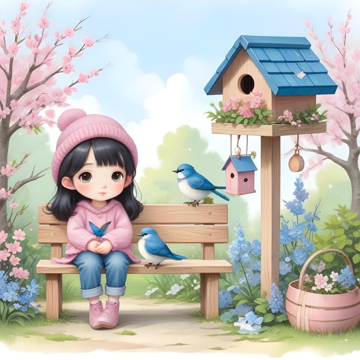 Colorful Flat Illustration Classical Animes A Young Girl With Pale Skin And Long Black Hair Around 8 Years Old Wearing A Pink Sweater And A Matching Pink Hat Sitting On A Wooden Bench Two Small Blue Birds Are Perc 4 9056