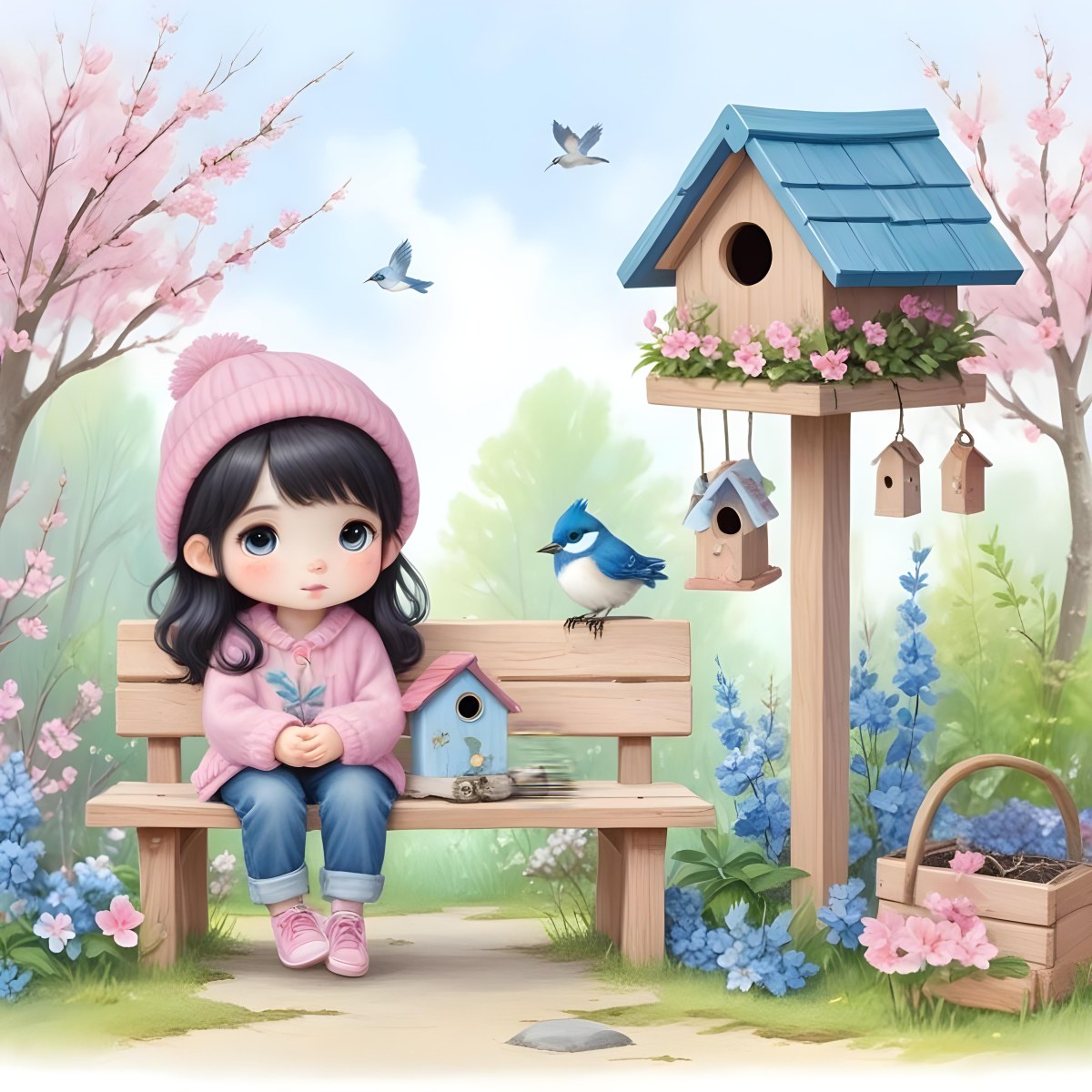 Colorful Flat Illustration Classical Animes A Young Girl With Pale Skin And Long Black Hair Around 8 Years Old Wearing A Pink Sweater And A Matching Pink Hat Sitting On A Wooden Bench Two Small Blue Birds Are Perc 5 909b