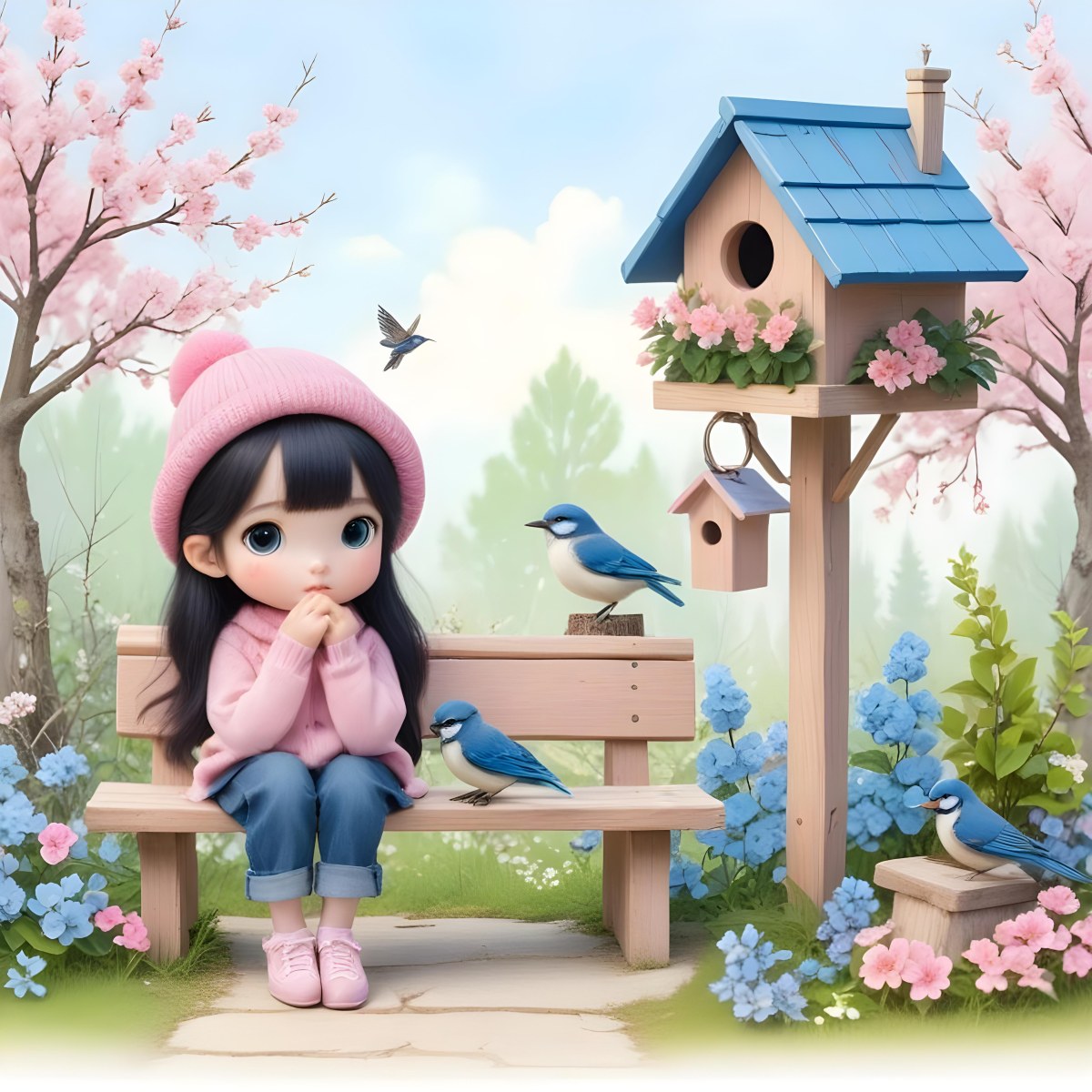 Colorful Flat Illustration Classical Animes A Young Girl With Pale Skin And Long Black Hair Around 8 Years Old Wearing A Pink Sweater And A Matching Pink Hat Sitting On A Wooden Bench Two Small Blue Birds Are Perc 6 D55f