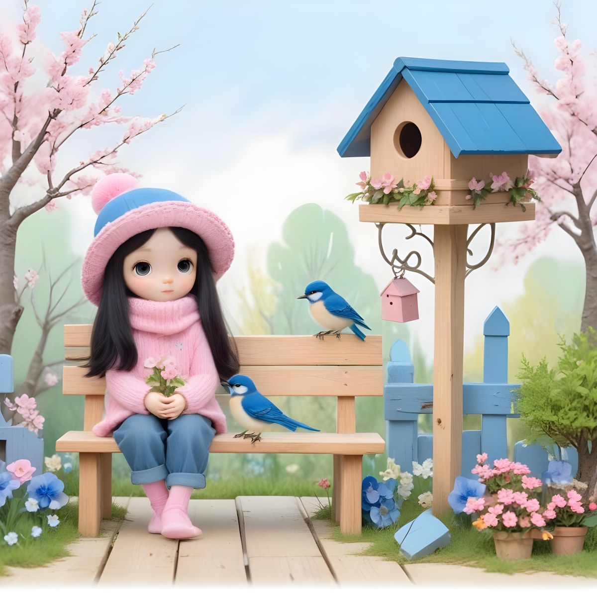 Colorful Flat Illustration Classical Animes A Young Girl With Pale Skin And Long Black Hair Around 8 Years Old Wearing A Pink Sweater And A Matching Pink Hat Sitting On A Wooden Bench Two Small Blue Birds Are Perc 8 7319