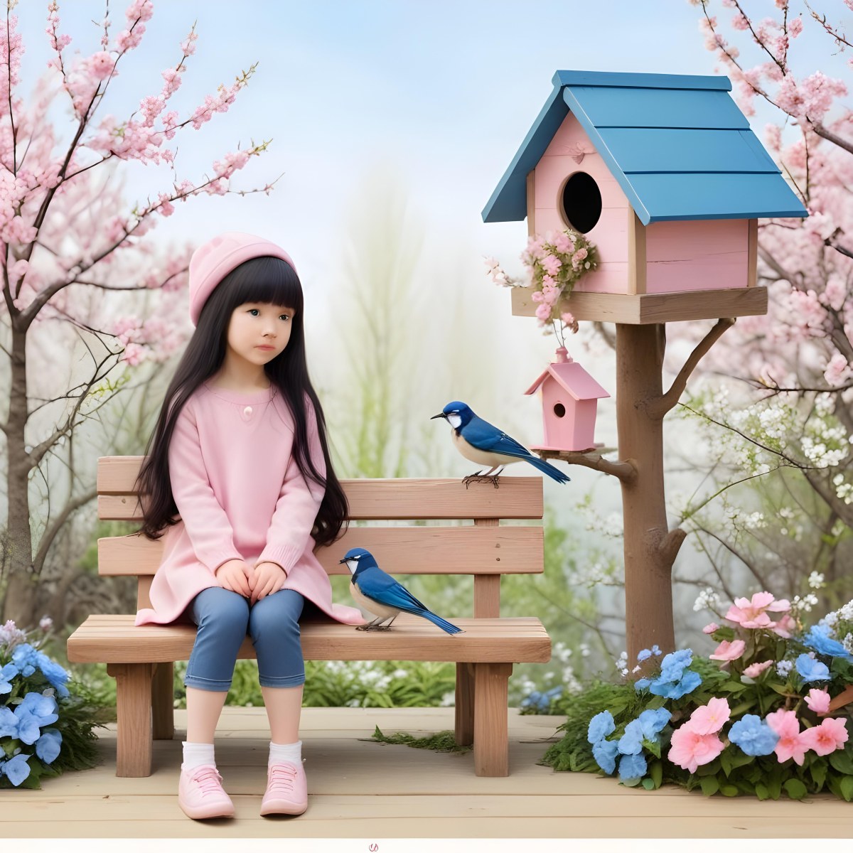 Colorful Flat Illustration Classical Animes A Young Girl With Pale Skin And Long Black Hair Around 8 Years Old Wearing A Pink Sweater And A Matching Pink Hat Sitting On A Wooden Bench Two Small Blue Birds Are Perc 9 D3f7