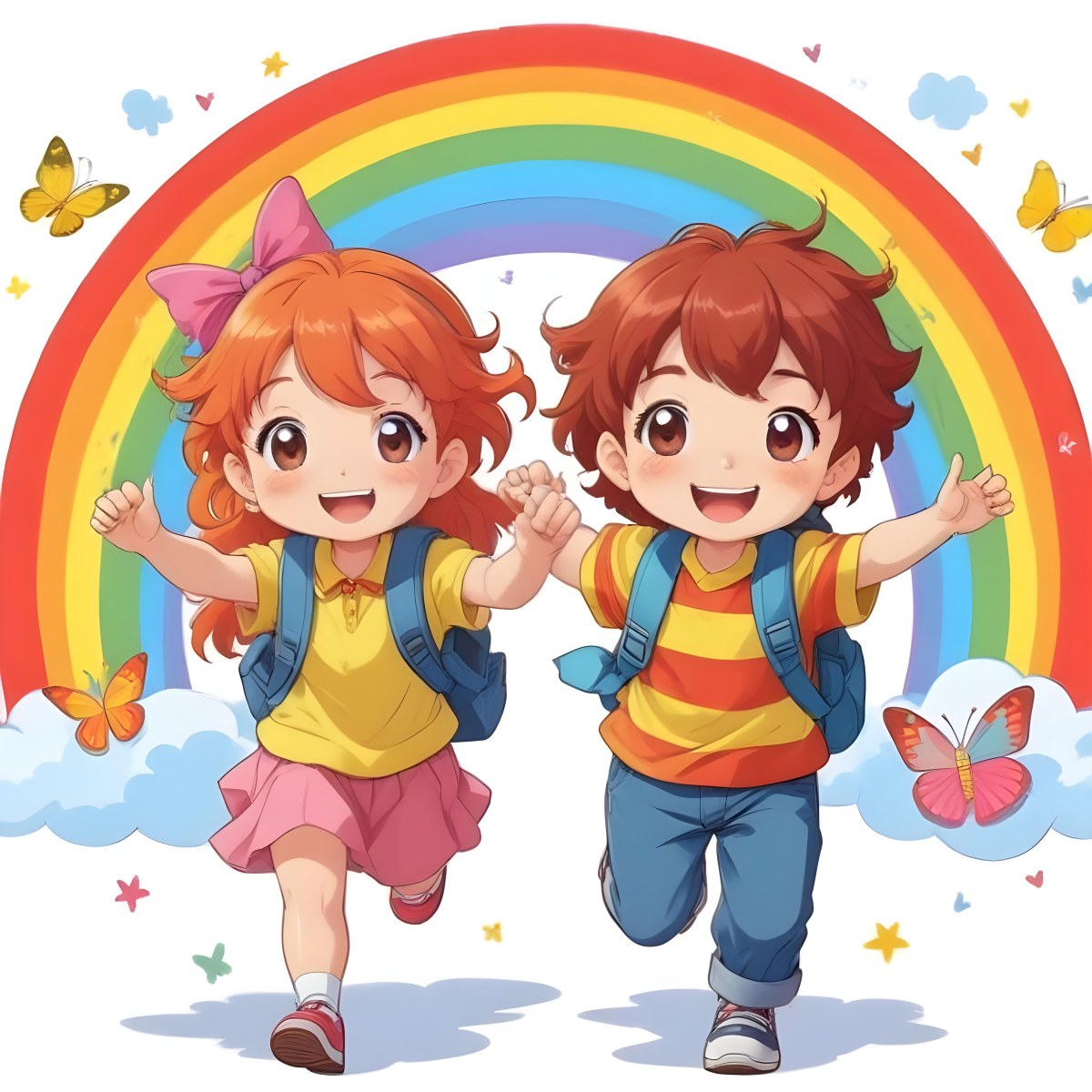 Colorful Flat Illustration Classical Animes Two Children Are Smiling And Running The Girl Has Red Hair And Is Wearing A Yellow Shirt With A Pink Skirt And A Yellow Bow In Her Hair The Boy Has Dark Hair And Is Wearing A 3 4384