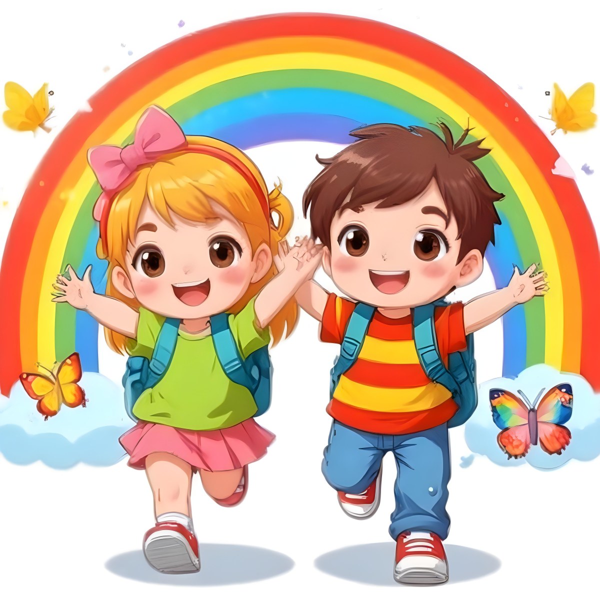 Colorful Flat Illustration Classical Animes Two Children Are Smiling And Running The Girl Has Red Hair And Is Wearing A Yellow Shirt With A Pink Skirt And A Yellow Bow In Her Hair The Boy Has Dark Hair And Is Wearing A 4 C61a