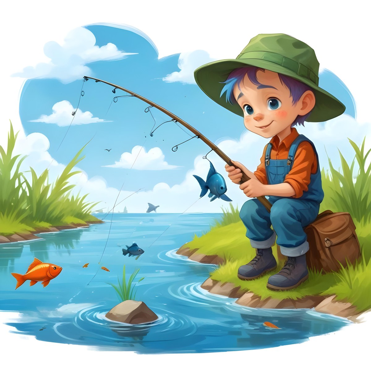 Digital Painting A Caucasian Boy Age 7 With Blue Hair And A Blue Hat Fishing In A River With Some Fishes Green Grass And Blue Sky Bold And Slim Lines Brush Strokes 6 A4ec