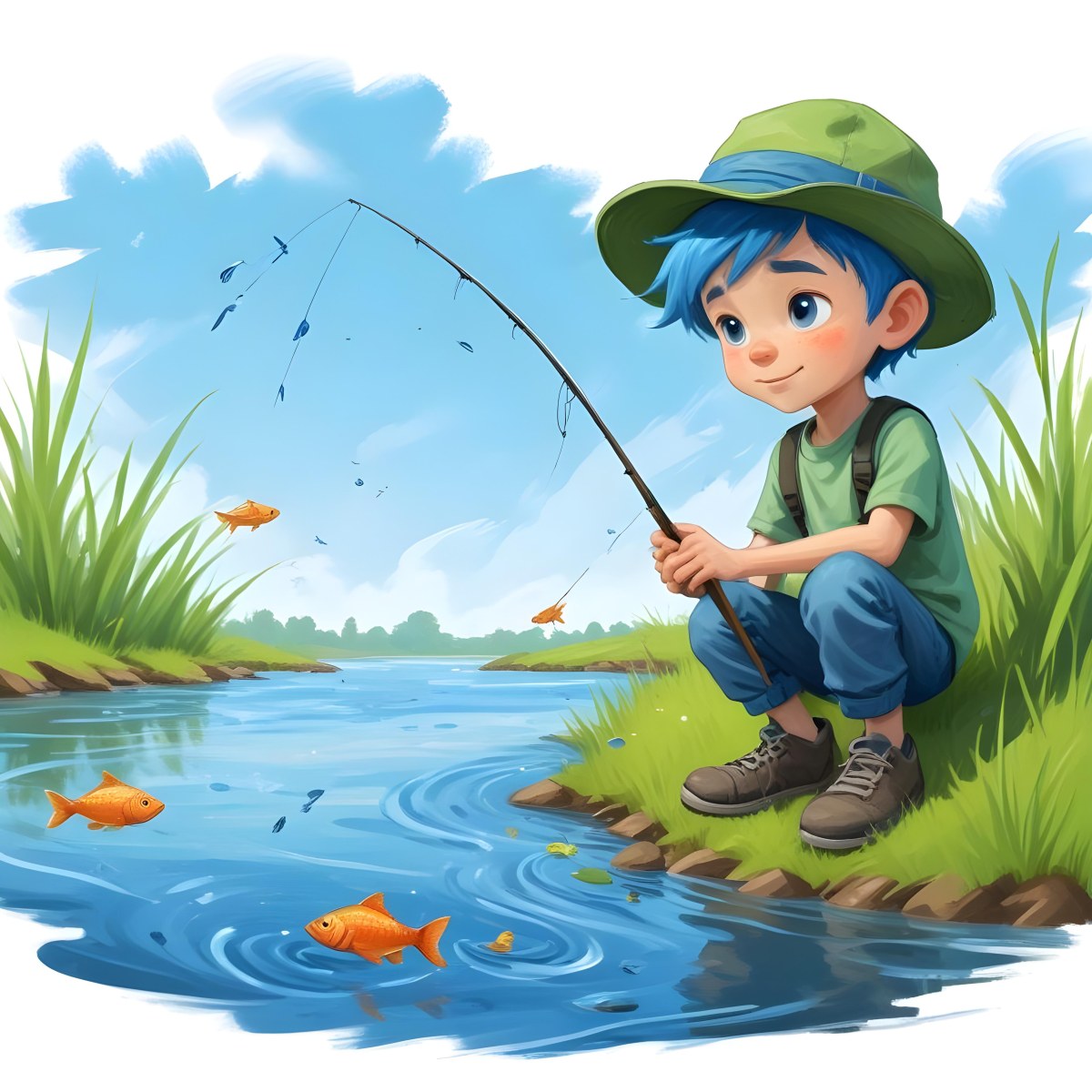 Digital Painting A Caucasian Boy Age 7 With Blue Hair And A Blue Hat Fishing In A River With Some Fishes Green Grass And Blue Sky Bold And Slim Lines Brush Strokes 8 74c8