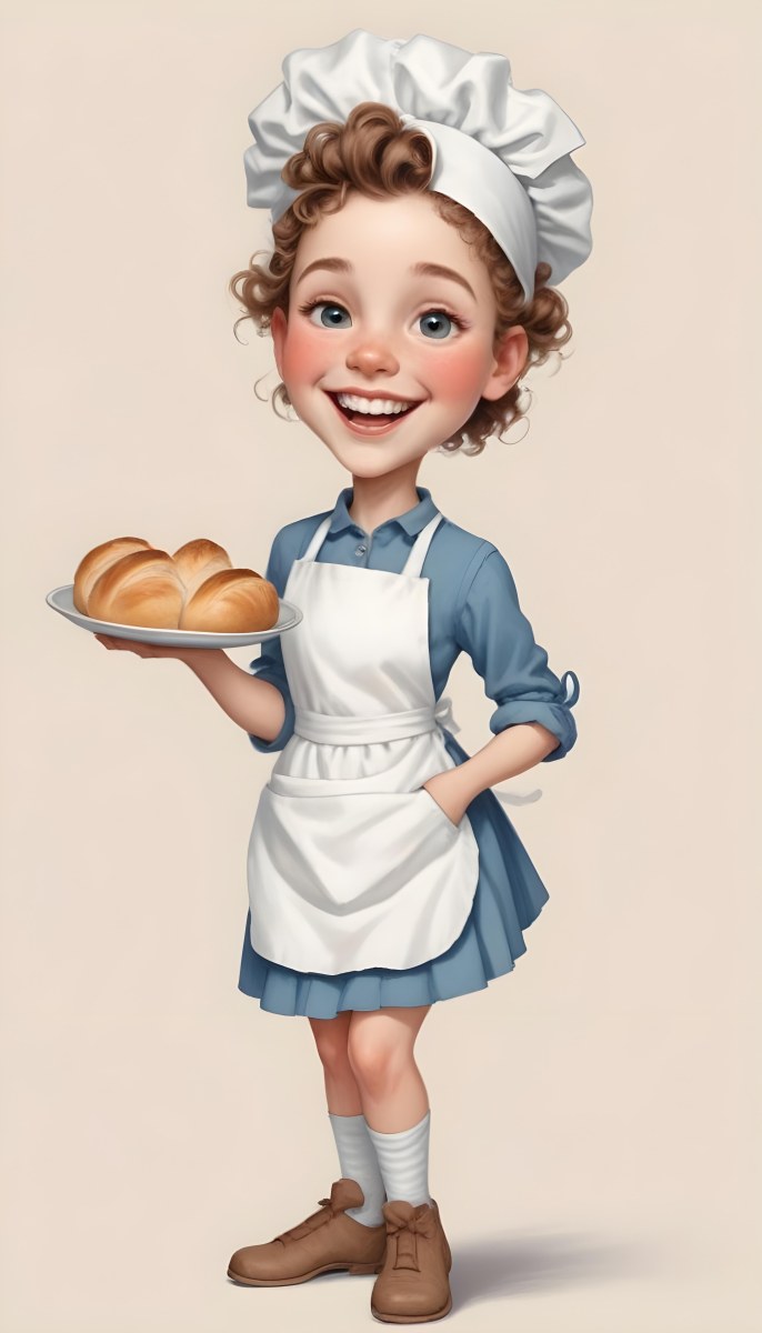 Digital Painting A Caucasian Girl 10 Years Old White Curly Hair Holding A Plate Of Bread Wearing A White Dress And A Blue Apron In A Plain Background Bold And Slim Lines Brush Strokes 10 8bbe