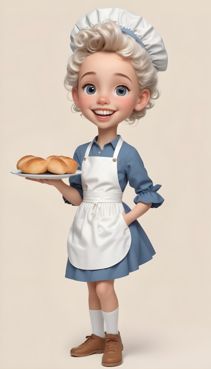 Digital Painting A Caucasian Girl 10 Years Old White Curly Hair Holding A Plate Of Bread Wearing A White Dress And A Blue Apron In A Plain Background Bold And Slim Lines Brush Strokes 23 E203