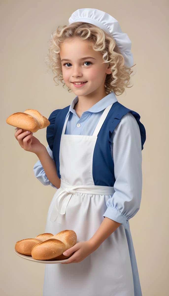Digital Painting A Caucasian Girl 10 Years Old White Curly Hair Holding A Plate Of Bread Wearing A White Dress And A Blue Apron In A Plain Background Bold And Slim Lines Brush Strokes 29 7188