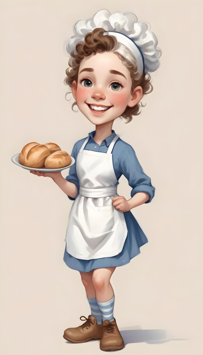 Digital Painting A Caucasian Girl 10 Years Old White Curly Hair Holding A Plate Of Bread Wearing A White Dress And A Blue Apron In A Plain Background Bold And Slim Lines Brush Strokes 32 Acdd