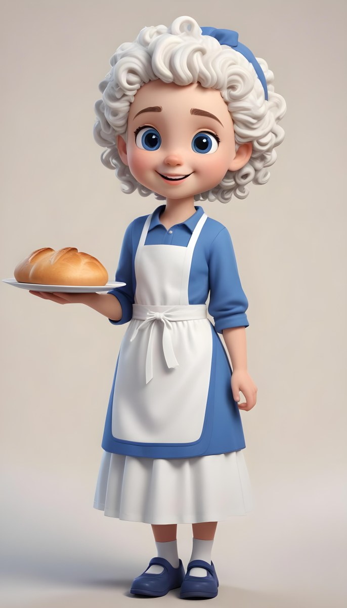 Digital Painting A Caucasian Girl 10 Years Old White Curly Hair Holding A Plate Of Bread Wearing A White Dress And A Blue Apron In A Plain Background Bold And Slim Lines Brush Strokes 41 33c0