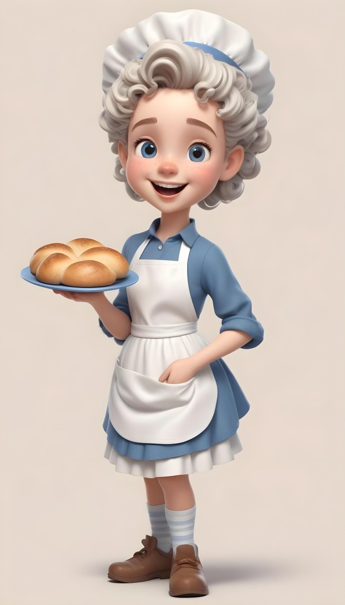 Digital Painting A Caucasian Girl 10 Years Old White Curly Hair Holding A Plate Of Bread Wearing A White Dress And A Blue Apron In A Plain Background Bold And Slim Lines Brush Strokes 55 Cfea