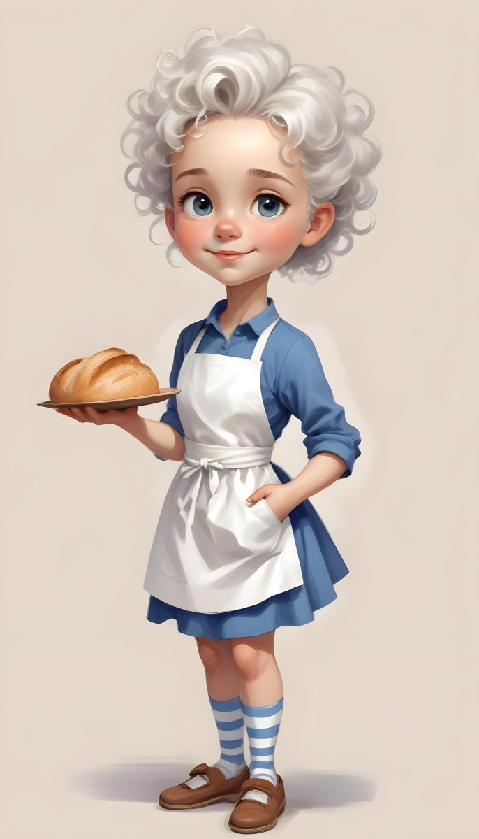 Digital Painting A Caucasian Girl 10 Years Old White Curly Hair Holding A Plate Of Bread Wearing A White Dress And A Blue Apron In A Plain Background Bold And Slim Lines Brush Strokes 58 0398