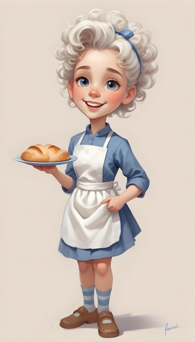 Digital Painting A Caucasian Girl 10 Years Old White Curly Hair Holding A Plate Of Bread Wearing A White Dress And A Blue Apron In A Plain Background Bold And Slim Lines Brush Strokes 59 F538