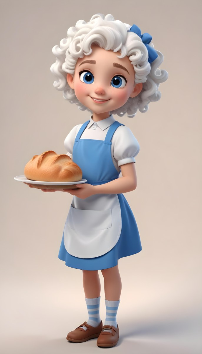 Digital Painting A Caucasian Girl 10 Years Old White Curly Hair Holding A Plate Of Bread Wearing A White Dress And A Blue Apron In A Plain Background Bold And Slim Lines Brush Strokes 60 00db