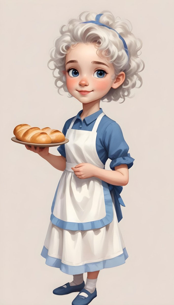 Digital Painting A Caucasian Girl 10 Years Old White Curly Hair Holding A Plate Of Bread Wearing A White Dress And A Blue Apron In A Plain Background Bold And Slim Lines Brush Strokes 61 4ff6