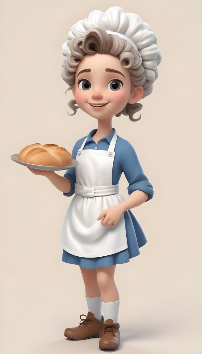 Digital Painting A Caucasian Girl 10 Years Old White Curly Hair Holding A Plate Of Bread Wearing A White Dress And A Blue Apron In A Plain Background Bold And Slim Lines Brush Strokes 62 71cc